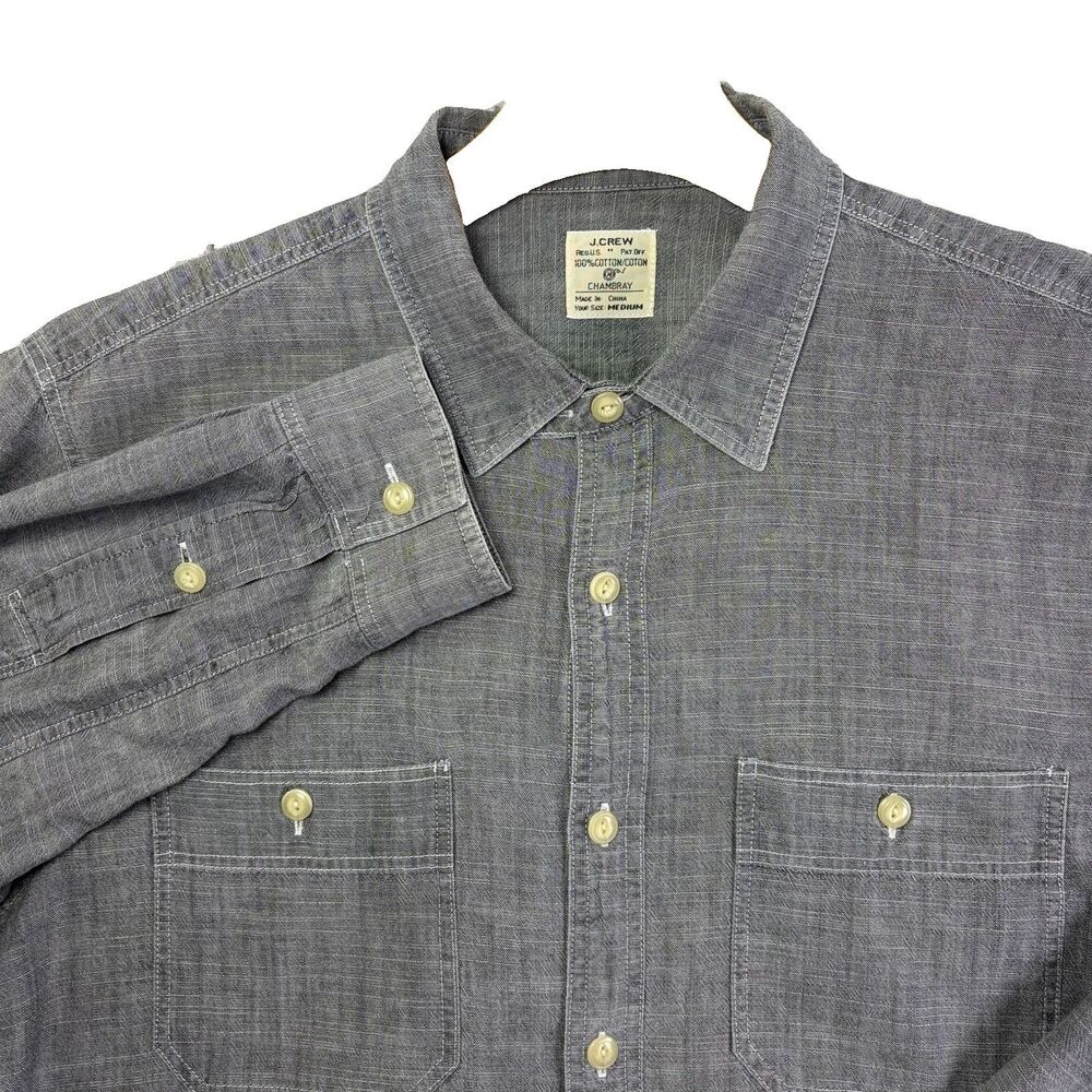 J Crew Chambray Shirt Mens Medium Long Sleeve Gray Workwear Pockets Preppy